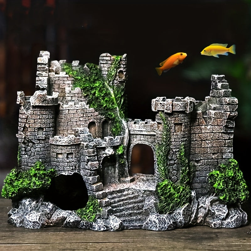 Medieval Castle Aquarium Ornament Resin with Moss Covered Stones Green Foliage and Wooden Bridge