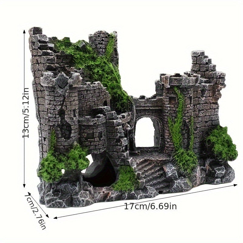 Medieval Castle Aquarium Ornament Resin with Moss Covered Stones Green Foliage and Wooden Bridge
