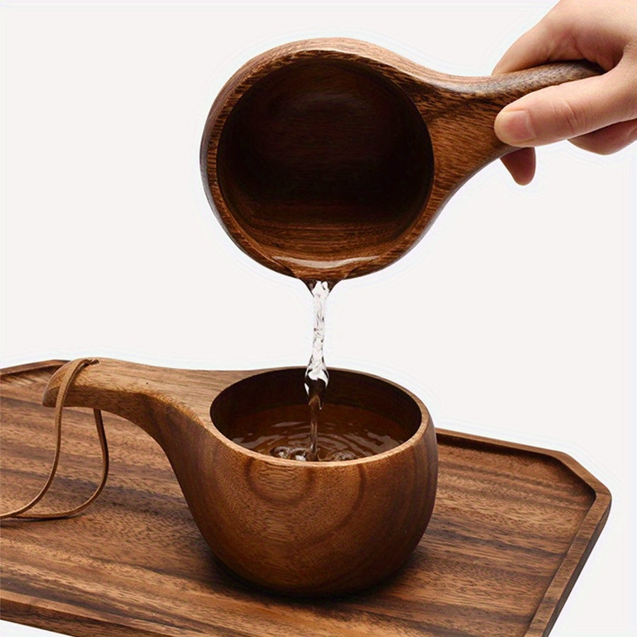 Acacia Wood Coffee Mug with Tassel Rope Handle Reusable Drinkware for Camping and Daily Use