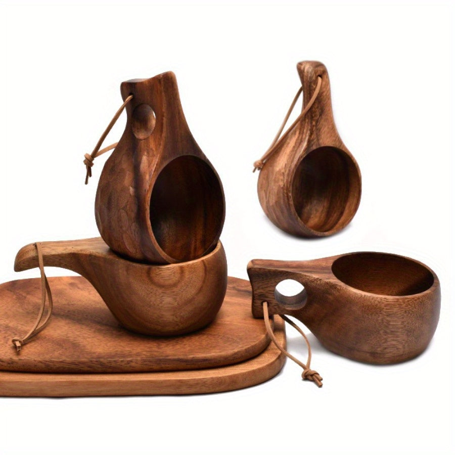 Acacia Wood Coffee Mug with Tassel Rope Handle Reusable Drinkware for Camping and Daily Use