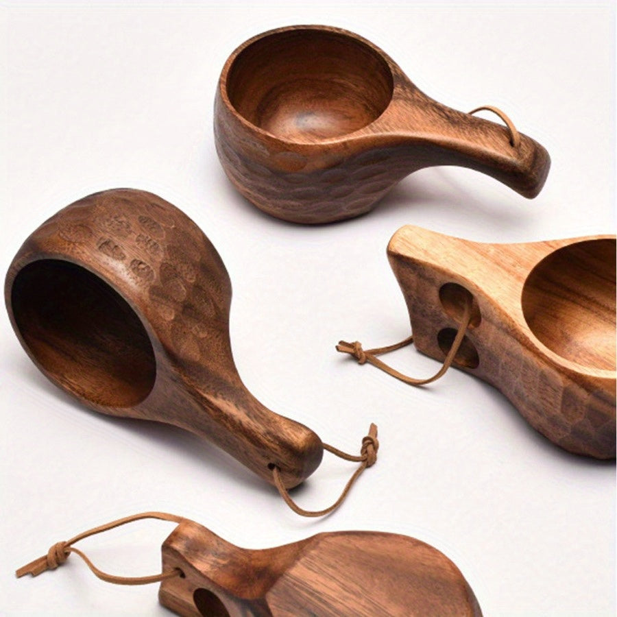 Acacia Wood Coffee Mug with Tassel Rope Handle Reusable Drinkware for Camping and Daily Use