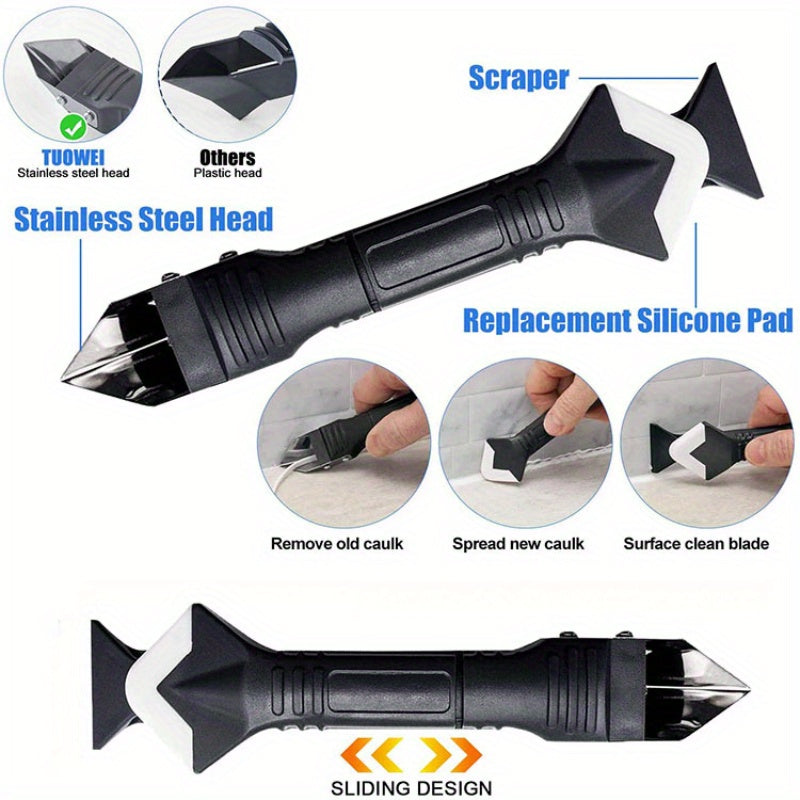3-in-1 Silikon yopishtiruvchi asbob, zanglamaydigan po'lat boshli, yopishtirish, tozalash va qirqish uchun