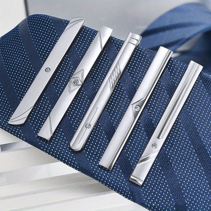 Juego de 5 clips de corbata de metal plateado para hombre, elegantes, con textura, pasadores para corbata para ropa formal
