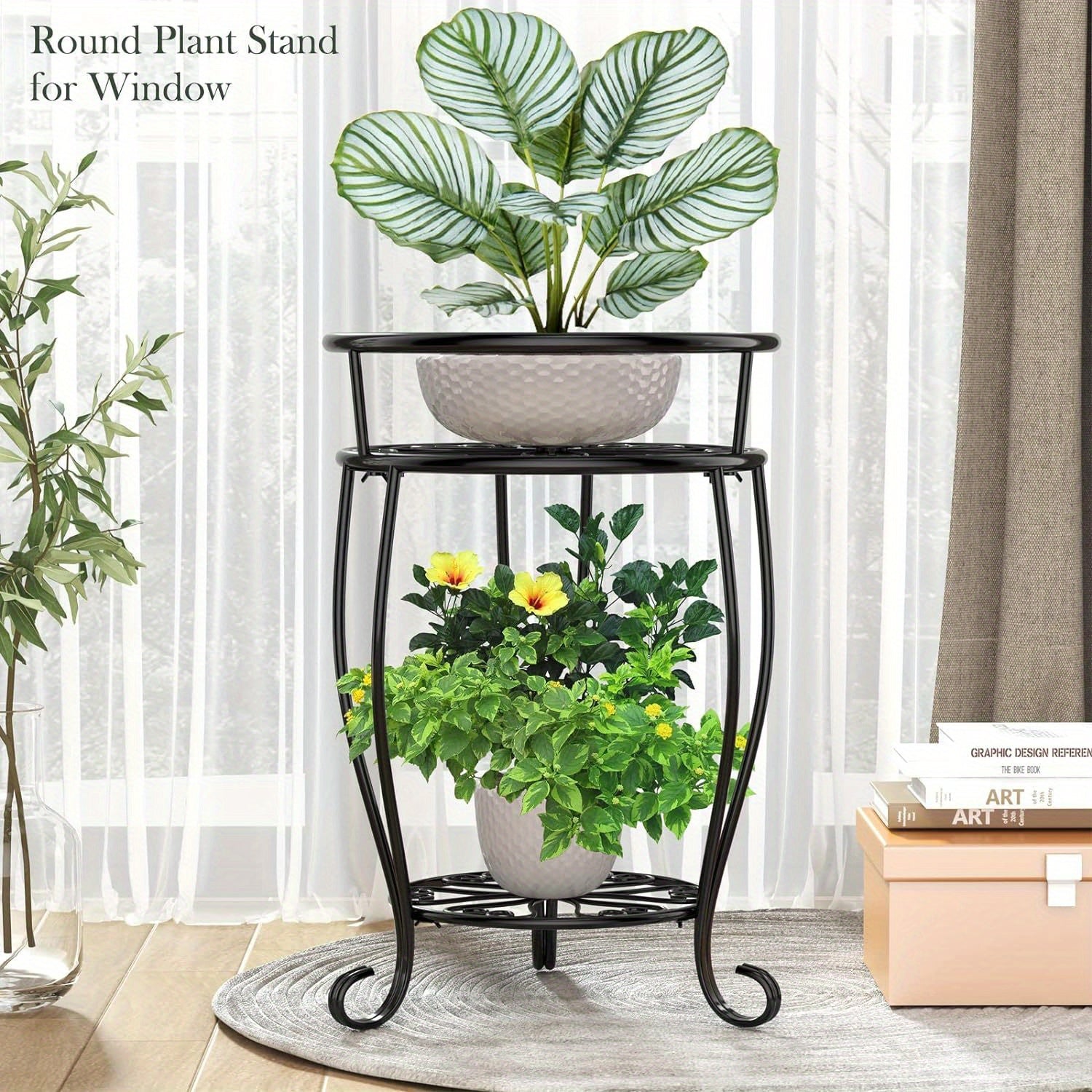 Metal Plant Stand 2-Tier Round Shelves Golden Finish Rustproof Wrought Iron 49.2cm