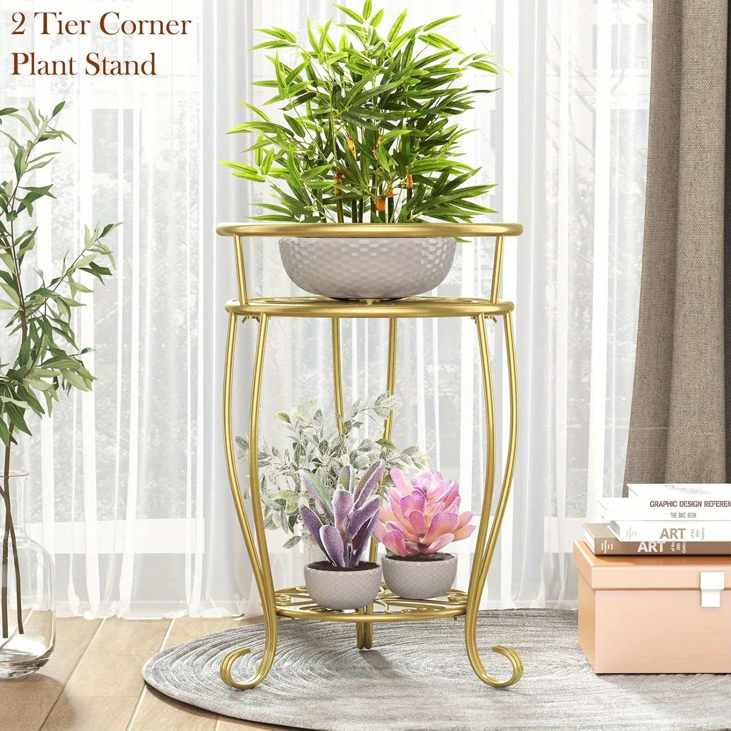 Metal Plant Stand 2-Tier Round Shelves Golden Finish Rustproof Wrought Iron 49.2cm
