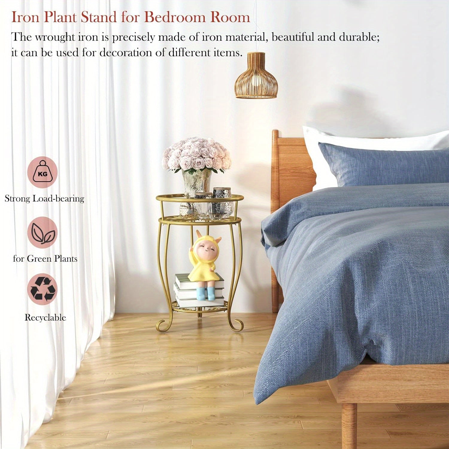 Metal Plant Stand 2-Tier Round Shelves Golden Finish Rustproof Wrought Iron 49.2cm