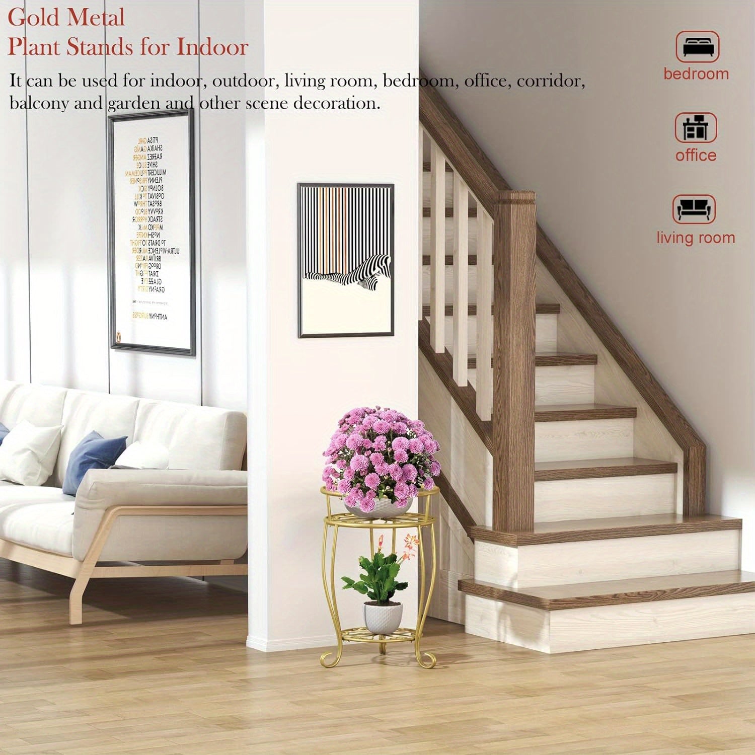 Metal Plant Stand 2-Tier Round Shelves Golden Finish Rustproof Wrought Iron 49.2cm