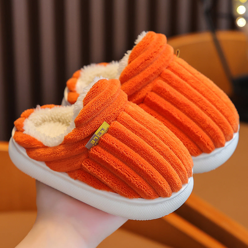 Kids Fleece-Lined Slippers Striped Fabric Upper PVC Sole Indoor Winter Toddler