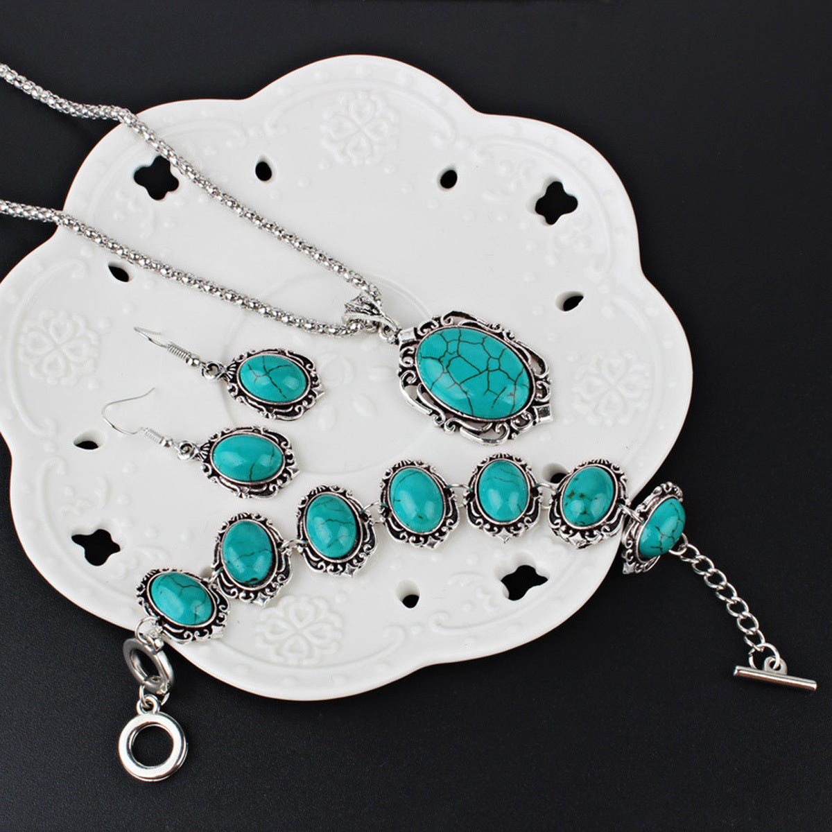 Boho Style Jewelry Set with Turquoise Inlaid Flower Design Necklace Bracelet Earrings