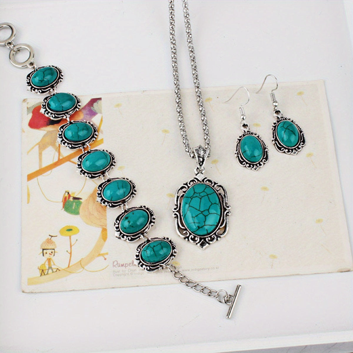 Boho Style Jewelry Set with Turquoise Inlaid Flower Design Necklace Bracelet Earrings