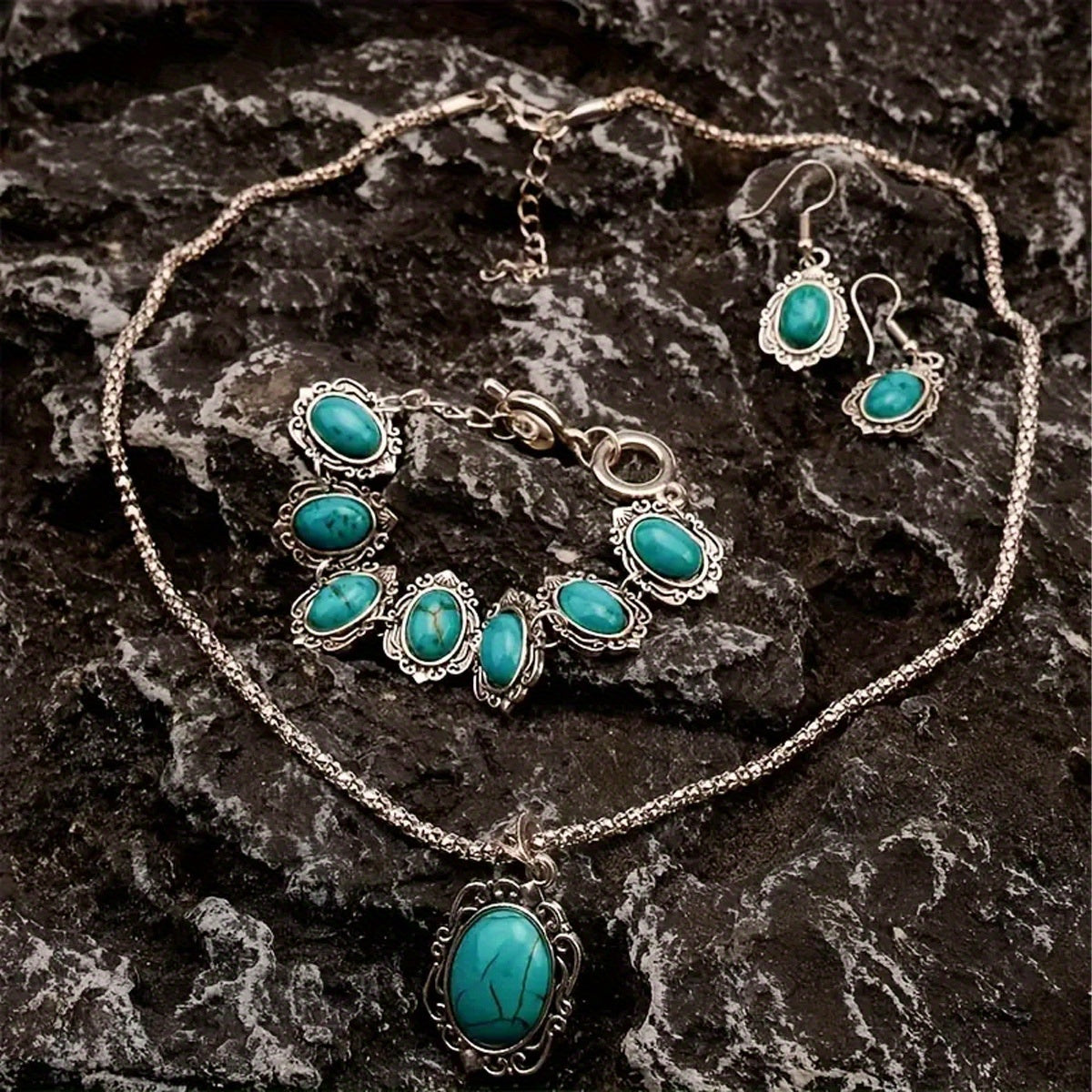 Boho Style Jewelry Set with Turquoise Inlaid Flower Design Necklace Bracelet Earrings