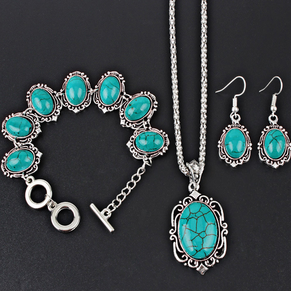 Boho Style Jewelry Set with Turquoise Inlaid Flower Design Necklace Bracelet Earrings