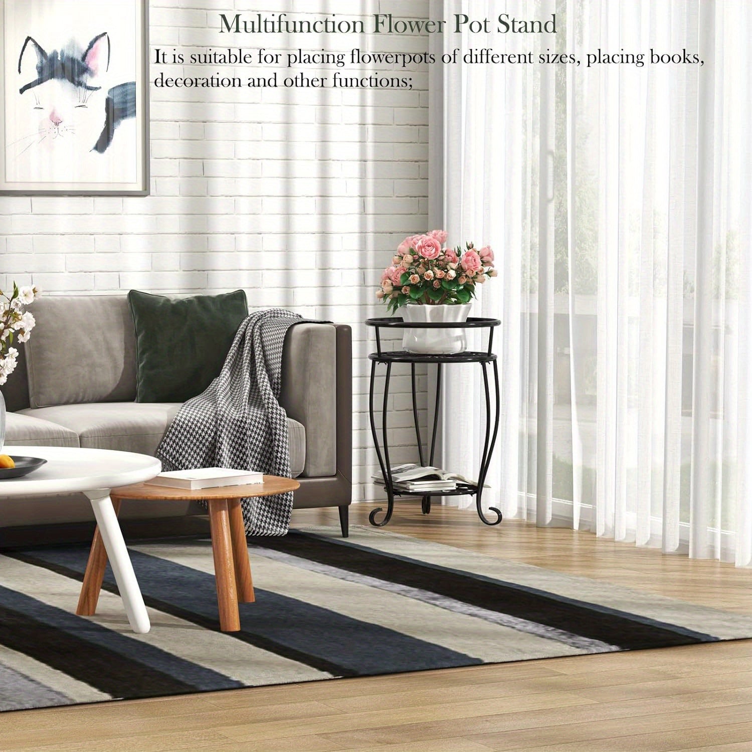 Metal Plant Stand 2-Tier Round Shelves Golden Finish Rustproof Wrought Iron 49.2cm