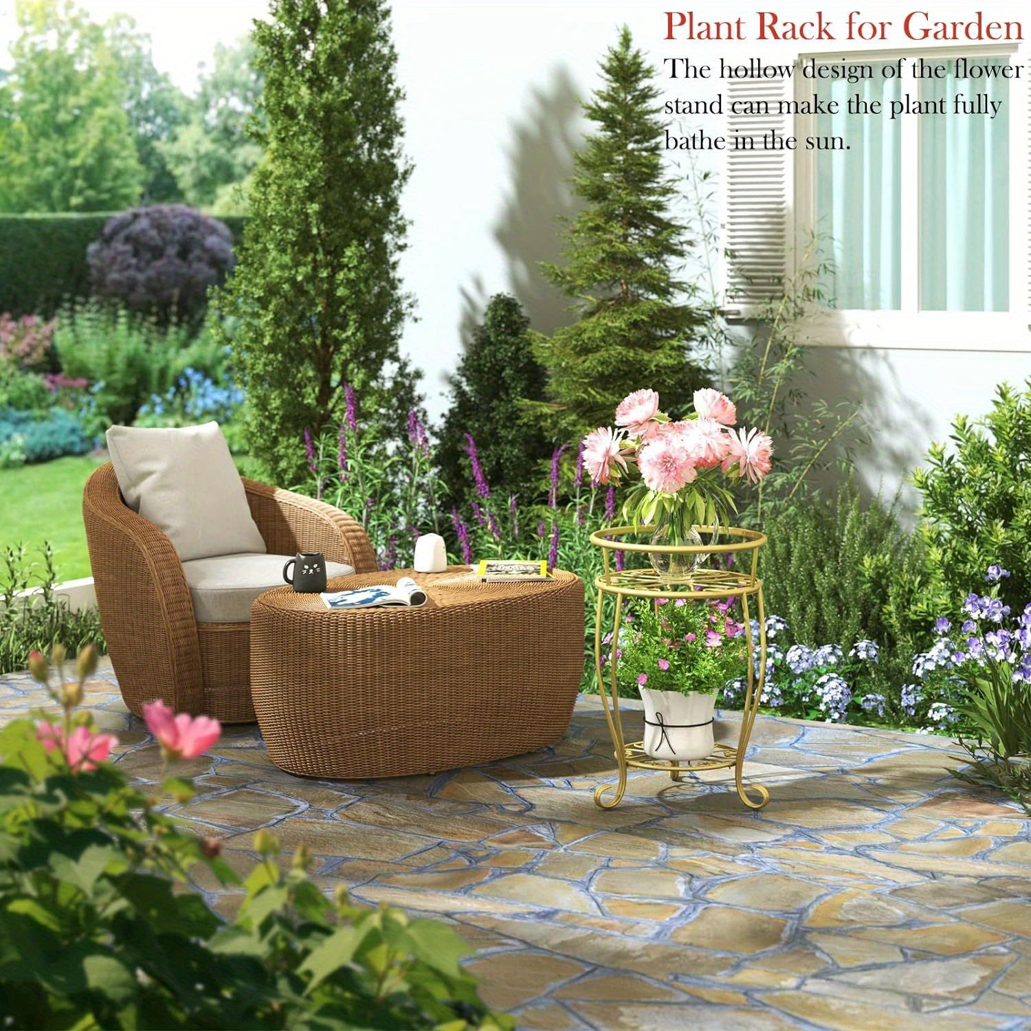 Metal Plant Stand 2-Tier Round Shelves Golden Finish Rustproof Wrought Iron 49.2cm