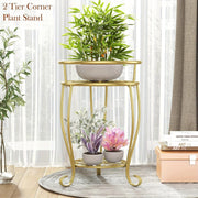 Metal Plant Stand 2-Tier Round Shelves Golden Finish Rustproof Wrought Iron 49.2cm