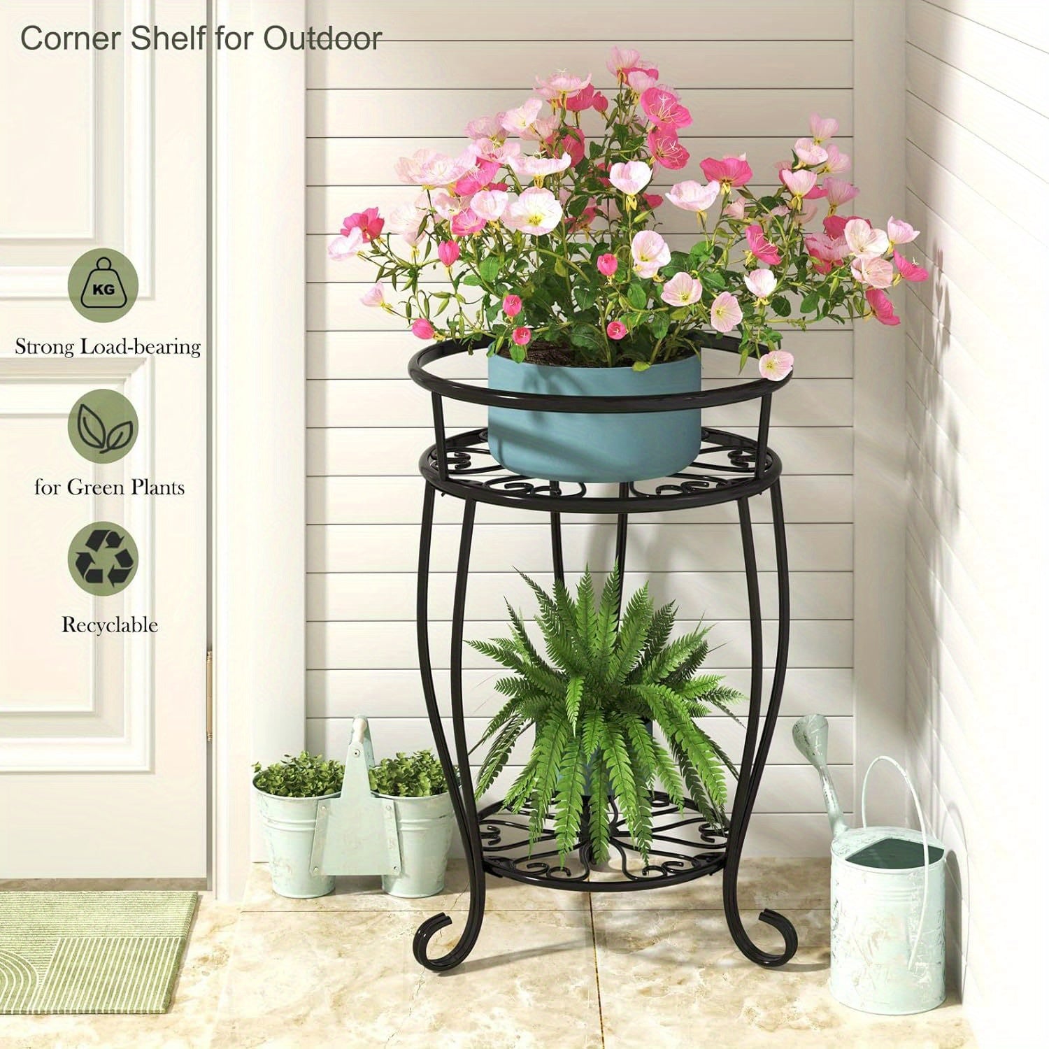 Metal Plant Stand 2-Tier Round Shelves Golden Finish Rustproof Wrought Iron 49.2cm