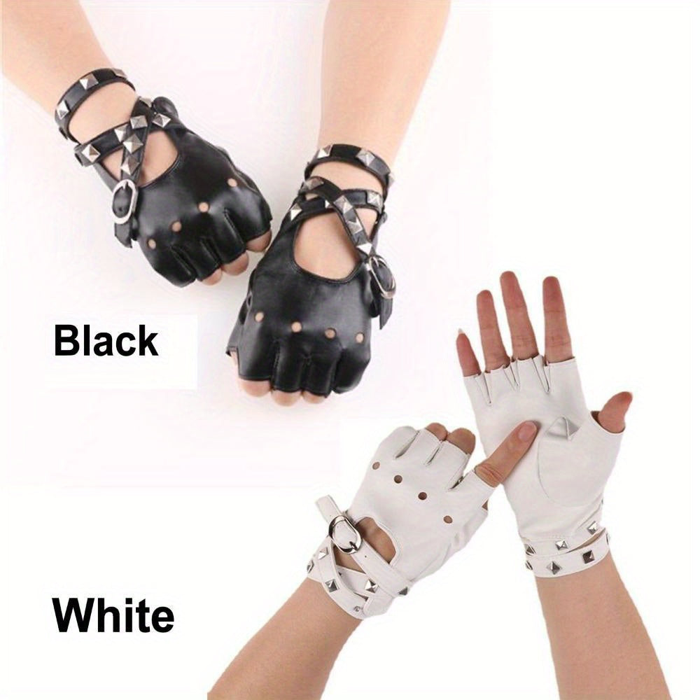 Unisex Fingerless PU Leather Driving Gloves with Rivet Detail for Motorists and Dancers in Black Red White