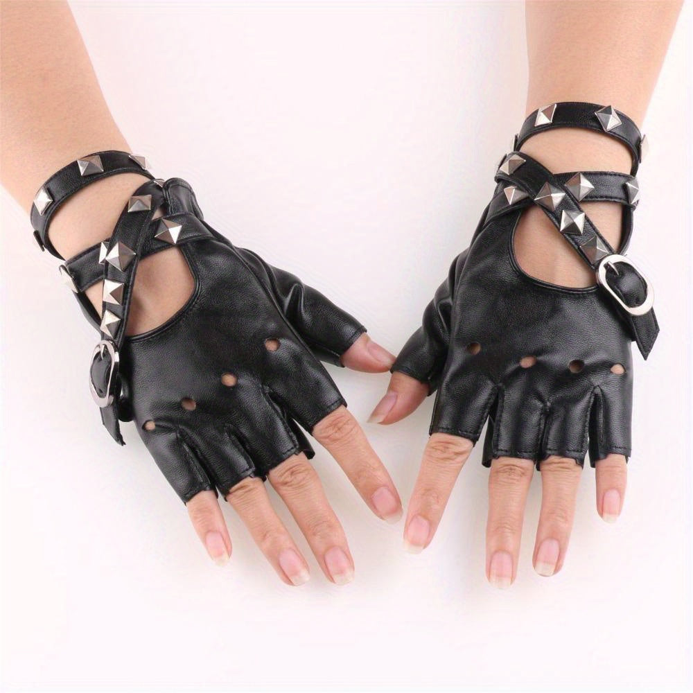 Unisex Fingerless PU Leather Driving Gloves with Rivet Detail for Motorists and Dancers in Black Red White