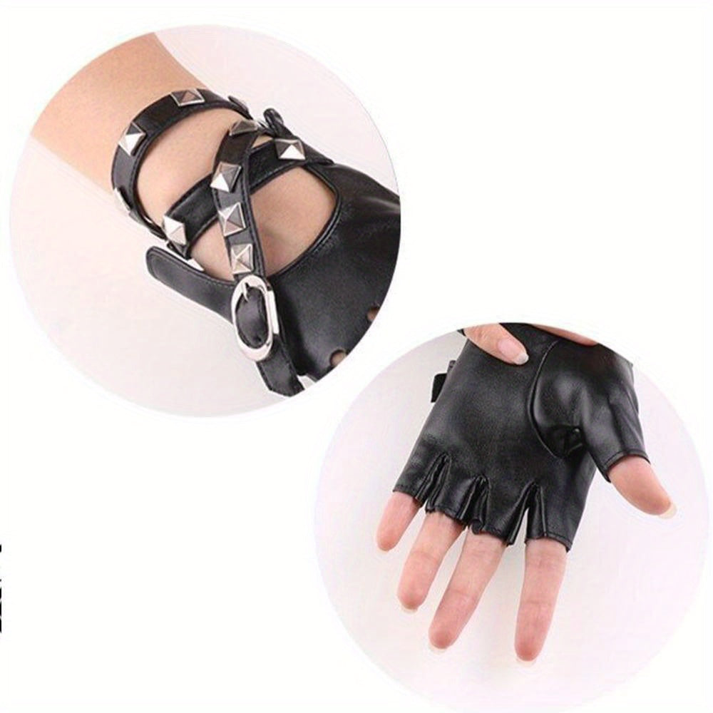 Unisex Fingerless PU Leather Driving Gloves with Rivet Detail for Motorists and Dancers in Black Red White