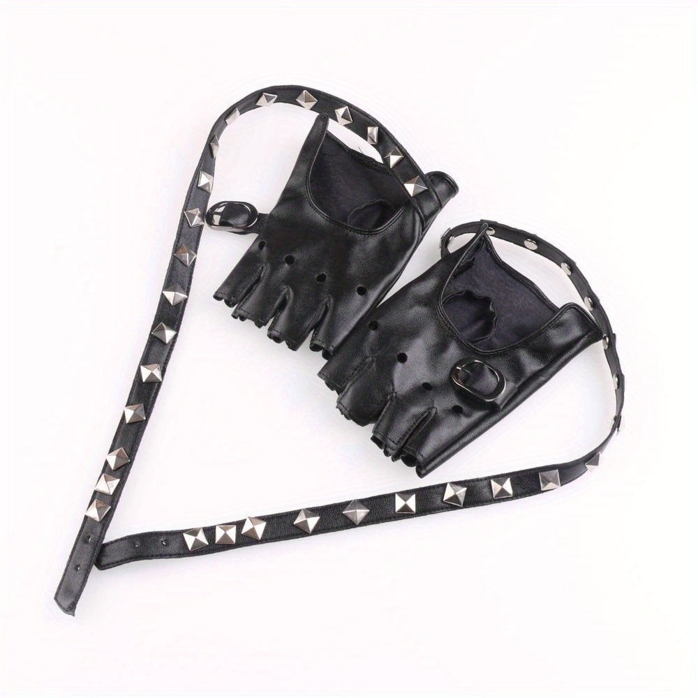 Unisex Fingerless PU Leather Driving Gloves with Rivet Detail for Motorists and Dancers in Black Red White
