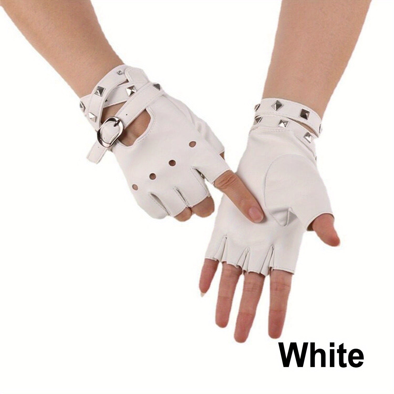 Unisex Fingerless PU Leather Driving Gloves with Rivet Detail for Motorists and Dancers in Black Red White