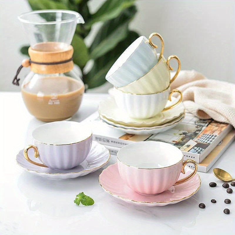 Bone China Coffee Set with Golden Rim Pastel Colors Glossy Finish Dishwasher Safe for Home or Party
