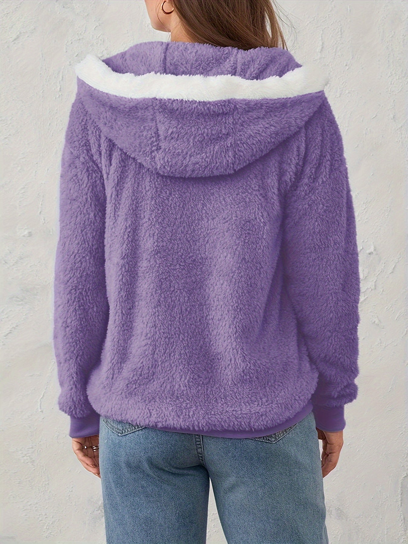 Loose Plush Hooded Jacket for Women Fall Winter Micro Elastic Polyester Solid