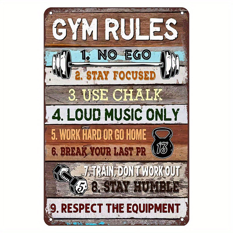 Cartel de hojalata vintage de metal para pared con reglas de gimnasio: sin ego, mantén el enfoque, usa tiza