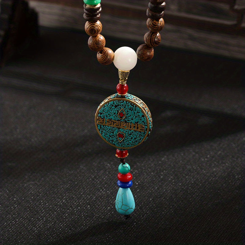 Sovg'a marjon: Boho uslubidagi yog'och beadli pandant bilan uzun sviter zanjiri, o'yma zargarlik