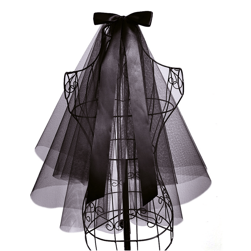 Gothic Yarn Head Veil with Black Bow for Halloween Ghost Bride Retro Elegant Accessory