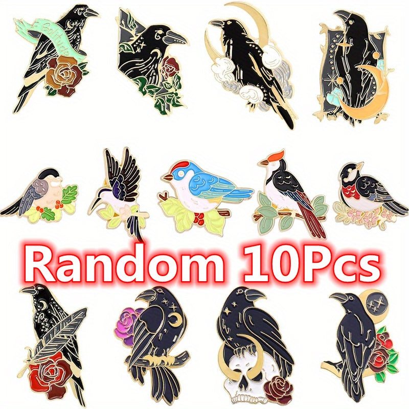 Set of 10 Black Crow Enamel Gothic Brooches for Backpacks Shirts and Denim Bags