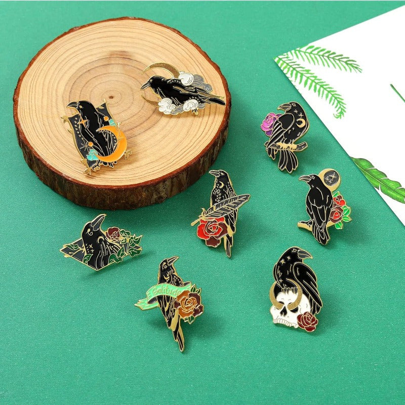Set of 10 Black Crow Enamel Gothic Brooches for Backpacks Shirts and Denim Bags