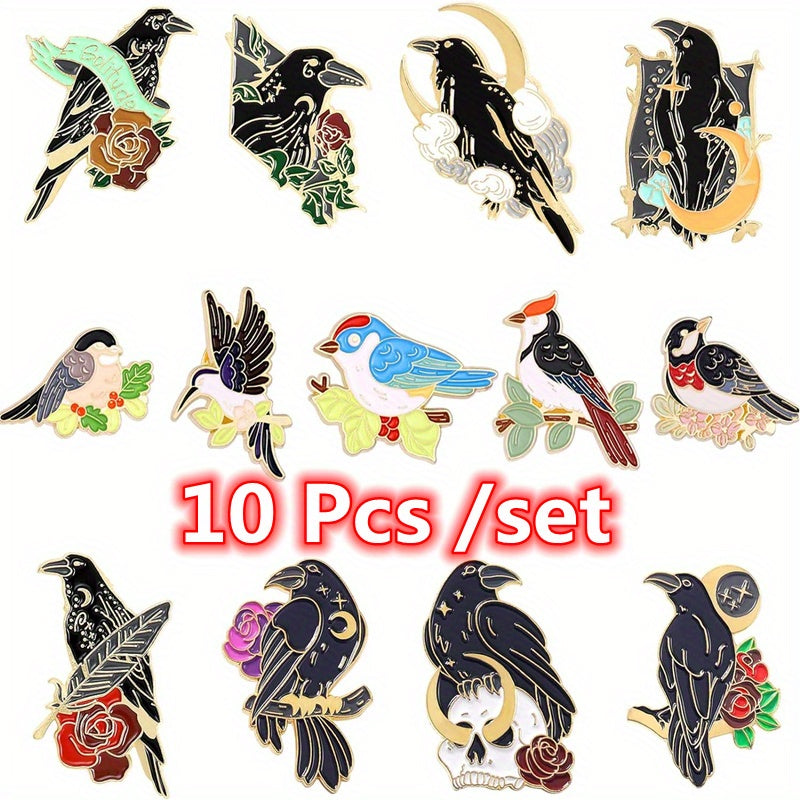 Set of 10 Black Crow Enamel Gothic Brooches for Backpacks Shirts and Denim Bags