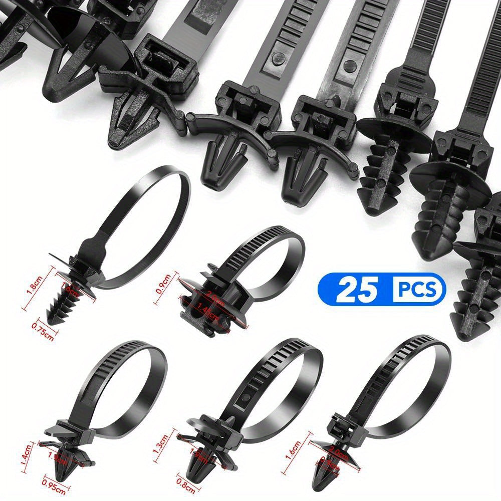 25Pcs Auto Nylon Cable Tie Wrap Fasteners Clips Black Car Wiring Zip Straps