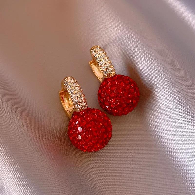 Red Ball Dangle Earrings with Rhinestones for Daily Casual Wear