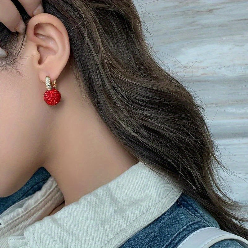 Red Ball Dangle Earrings with Rhinestones for Daily Casual Wear