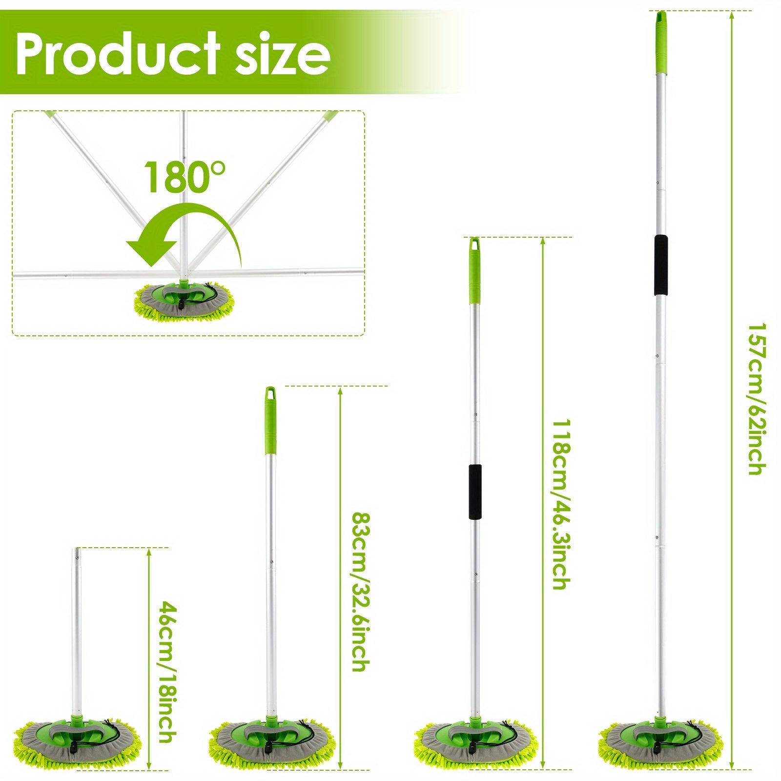 Uzun tutqichli avtomobil yuvish choʻpqi, aylanadigan mop boshli va mikrofibre mitt bilan
