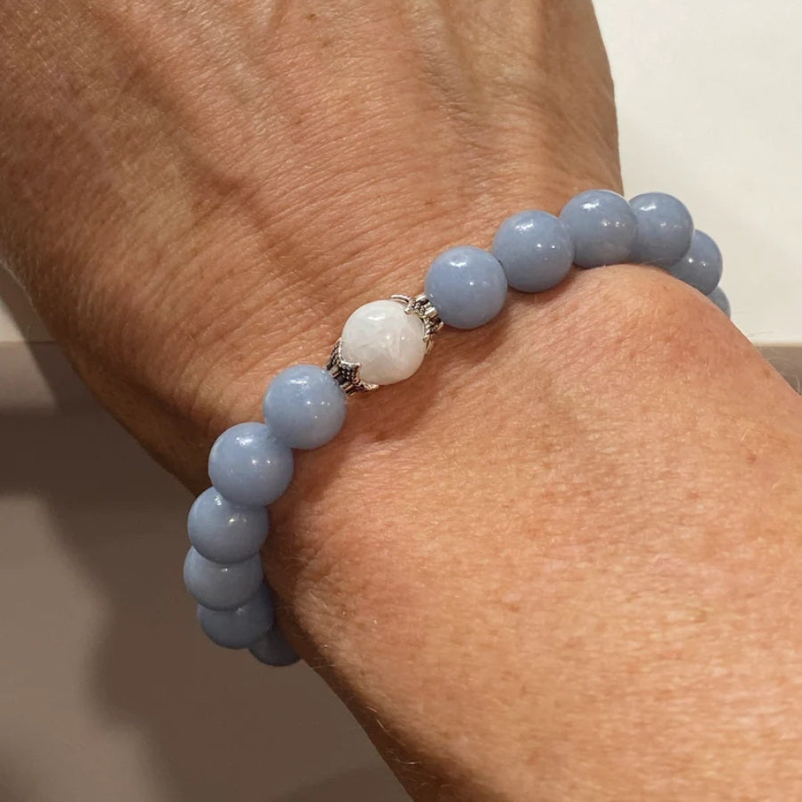 Pulsera de cuentas de piedra de luna para mujer de 8mm en plata de ley ajustable joyería