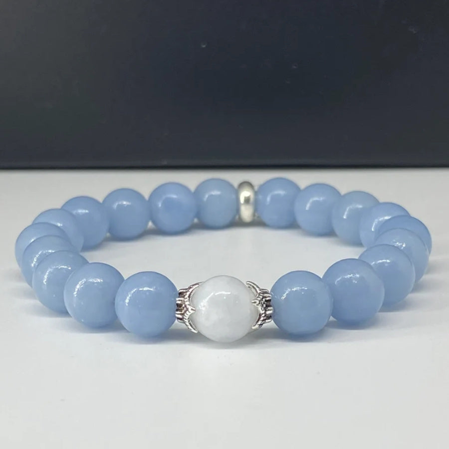 Pulsera de cuentas de piedra de luna para mujer de 8mm en plata de ley ajustable joyería
