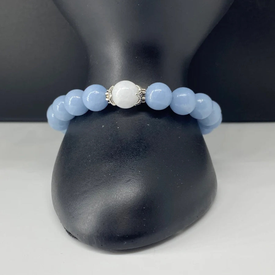 Pulsera de cuentas de piedra de luna para mujer de 8mm en plata de ley ajustable joyería