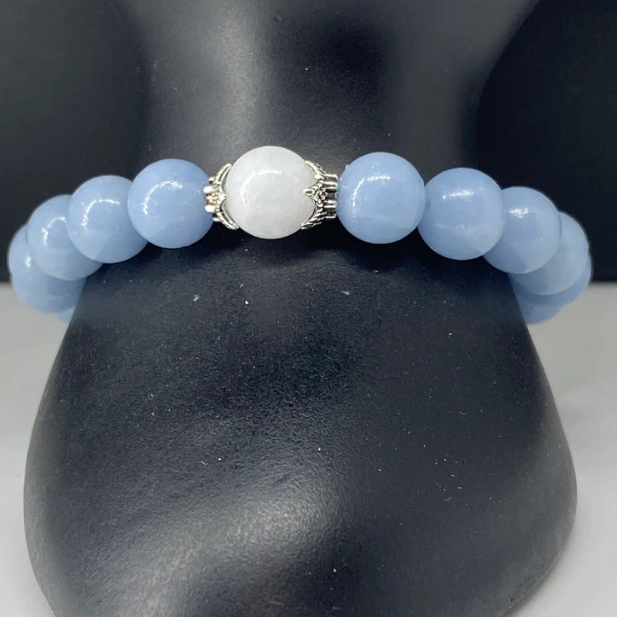 Pulsera de cuentas de piedra de luna para mujer de 8mm en plata de ley ajustable joyería