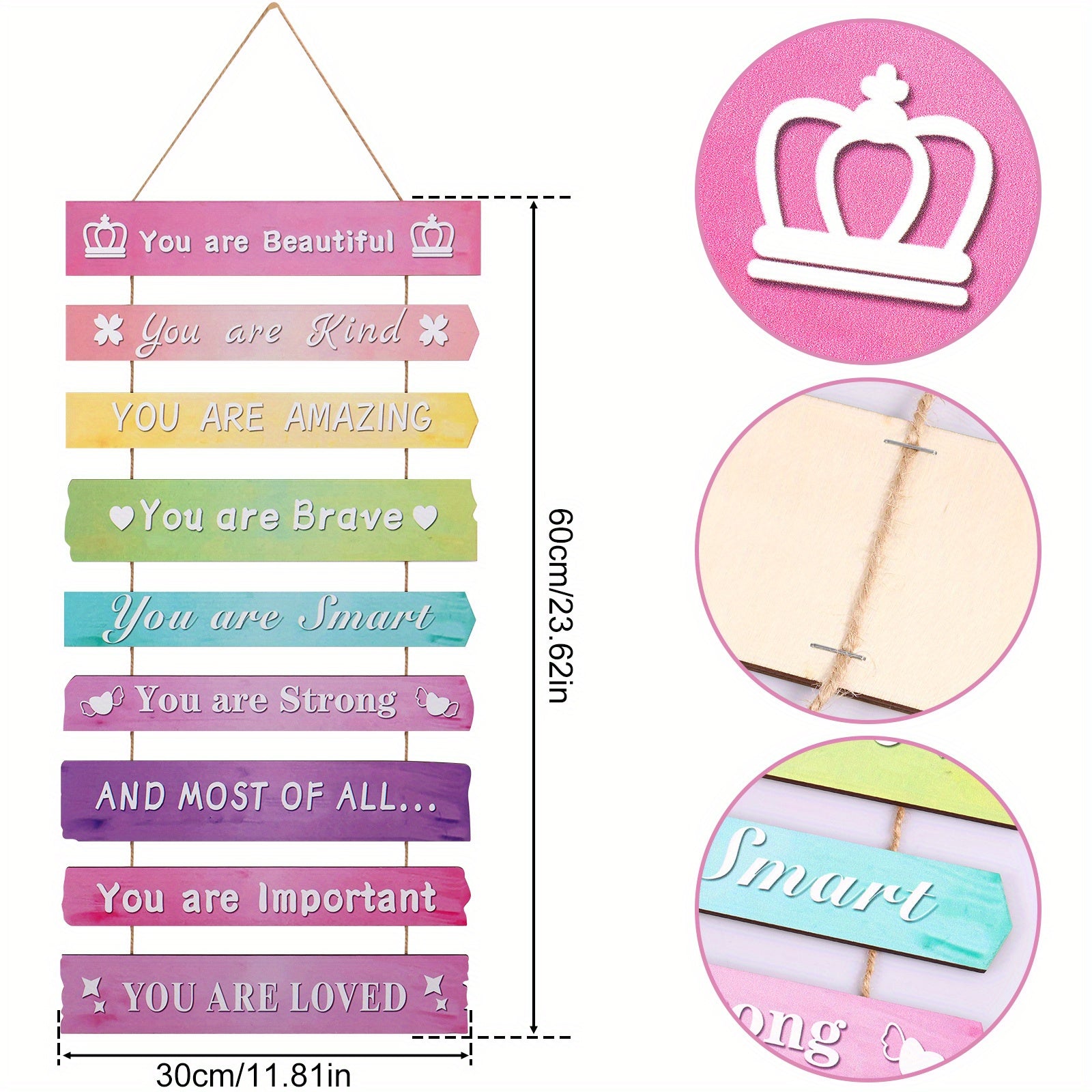 Arte de pared de madera con temática espacial con citas vibrantes y diseños de corazones para dormitorios, guarderías y aulas