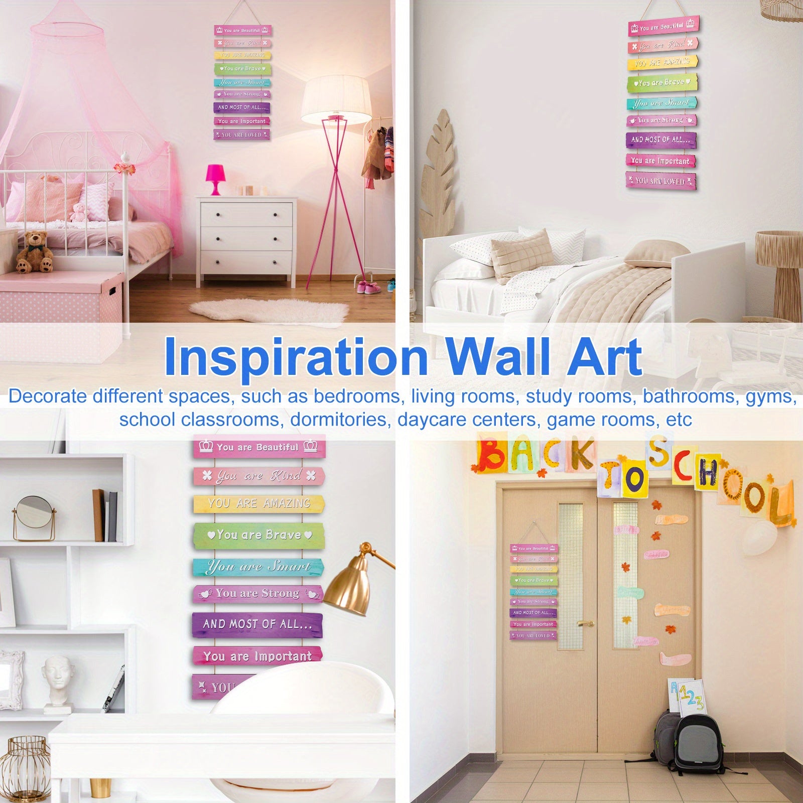 Arte de pared de madera con temática espacial con citas vibrantes y diseños de corazones para dormitorios, guarderías y aulas