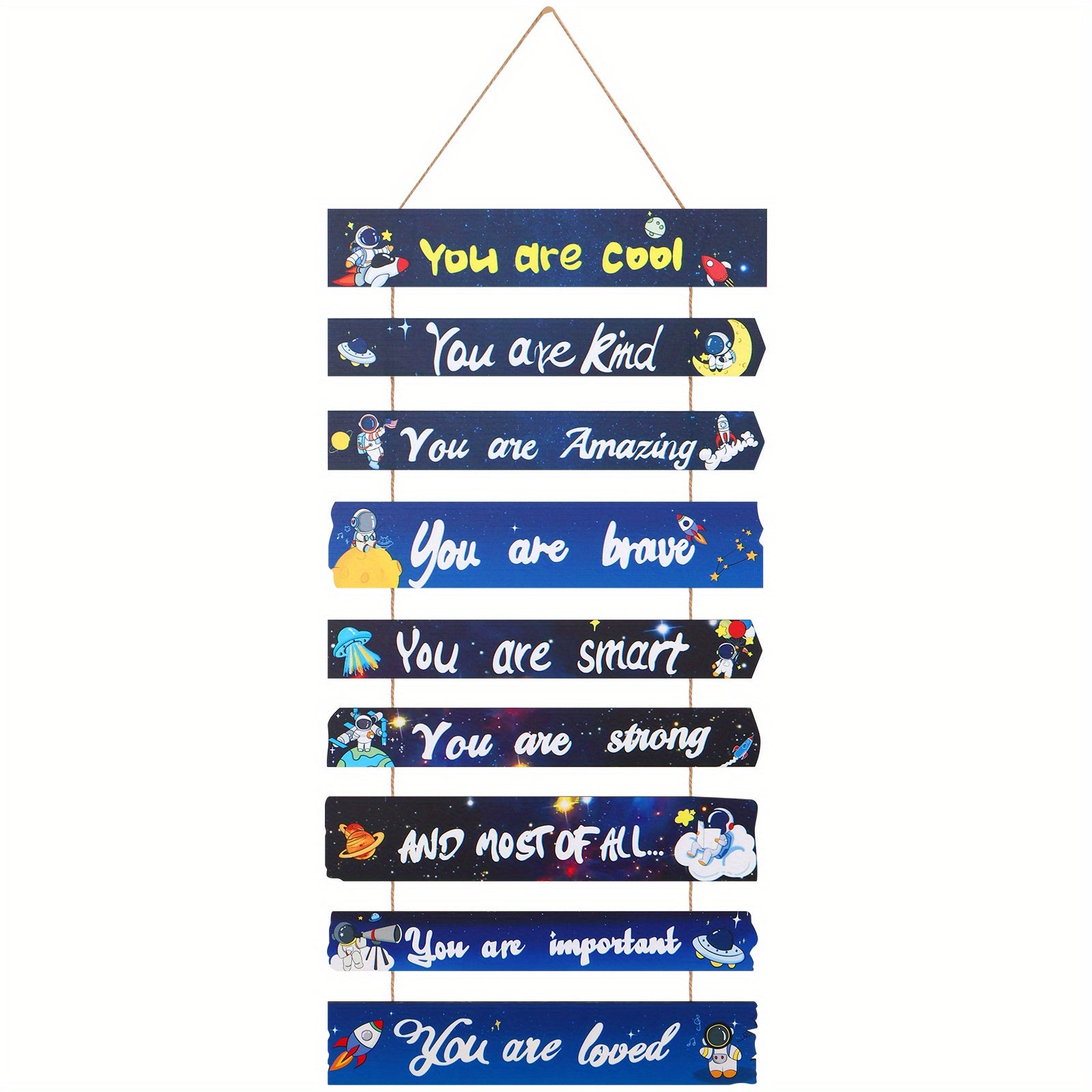 Arte de pared de madera con temática espacial con citas vibrantes y diseños de corazones para dormitorios, guarderías y aulas