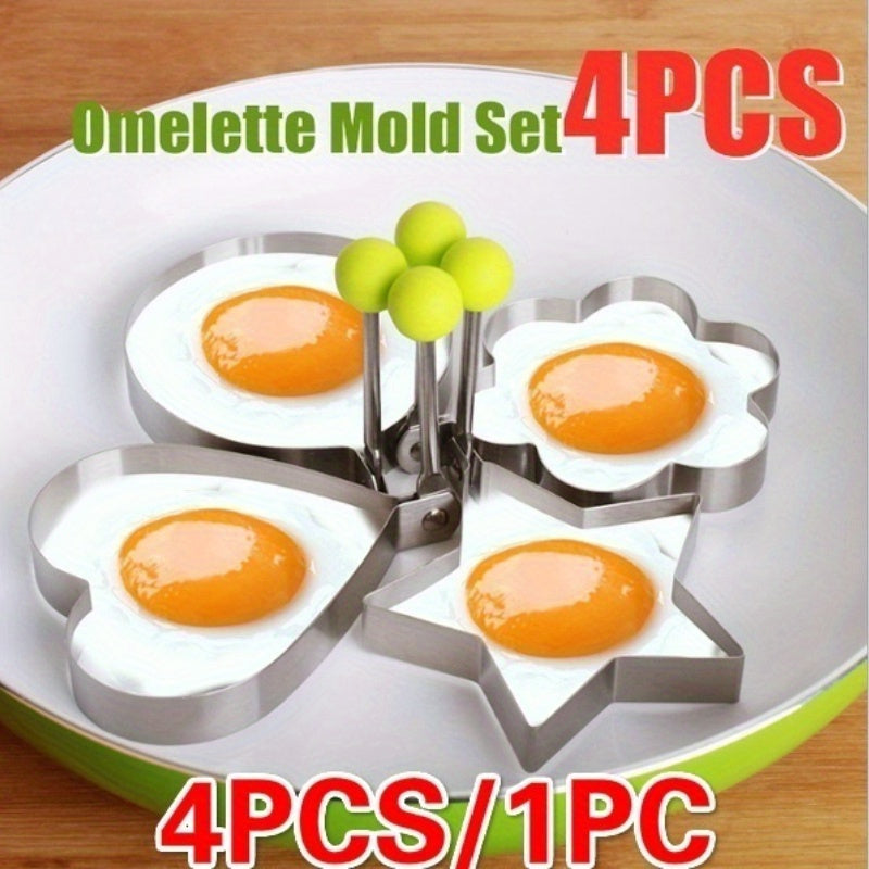 Set of 4 Stainless Steel Egg Rings with Adjustable Handle for Pancakes and Sandwiches