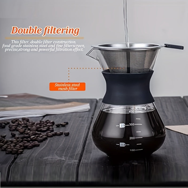 Pour Over Coffee Maker Stainless Steel Filter 14oz Manual Dripper with Glass Pot