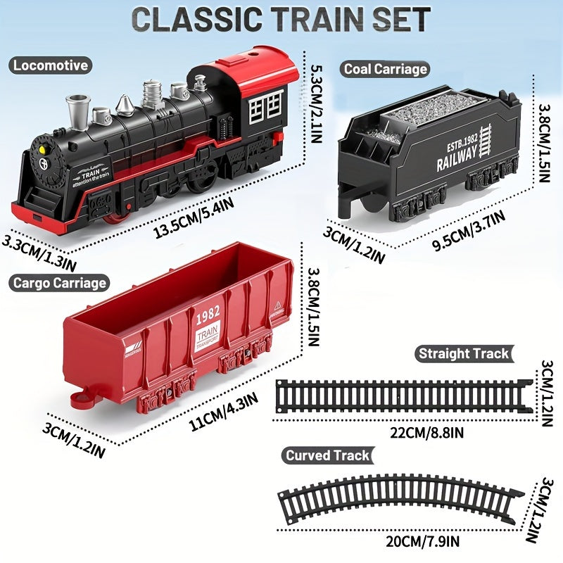 Set de vías para tren eléctrico infantil con locomotora de vapor, luces, sonidos, rojo y negro, juguete