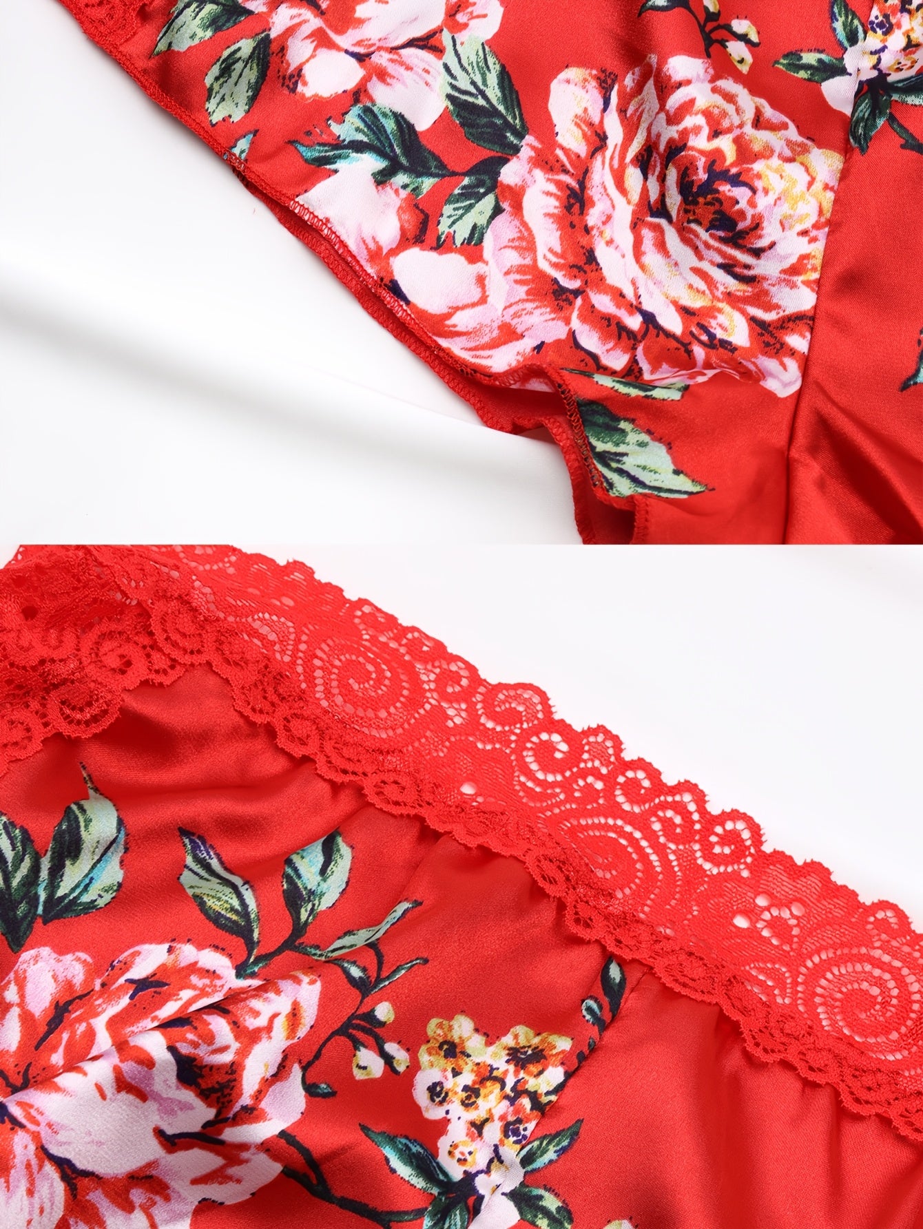 Plus Size Floral Print Lace Sleepwear Set with Split Red Roses Pink Floral
