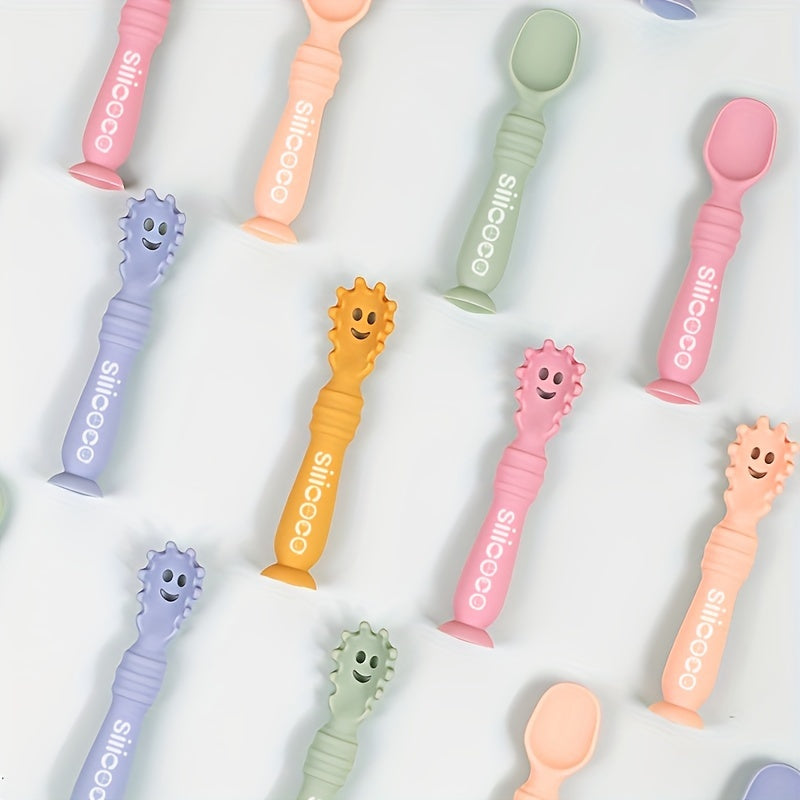 Juego de utensilios de silicona para niños de 3 piezas con diseño de cara feliz, no tóxico, seguro para microondas y lavavajillas