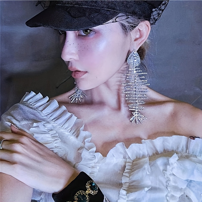Women Rhinestone Fishbone Drop Earrings Long Dangle Alloy Jewelry for Parties Festivals